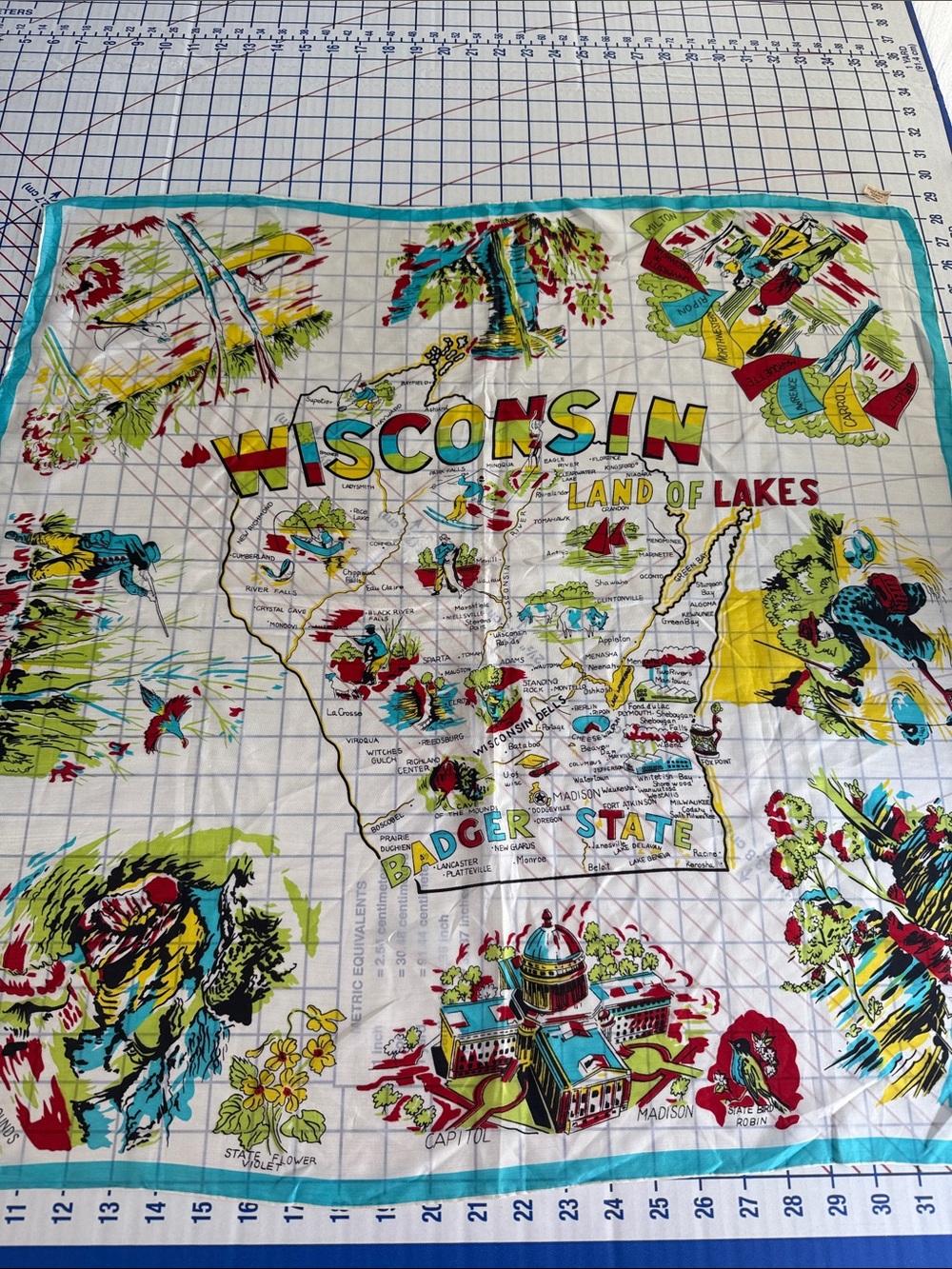 Vintage 1950s Wisconsin Souvenir Map Scarf Rayon Japan 29” Badger State